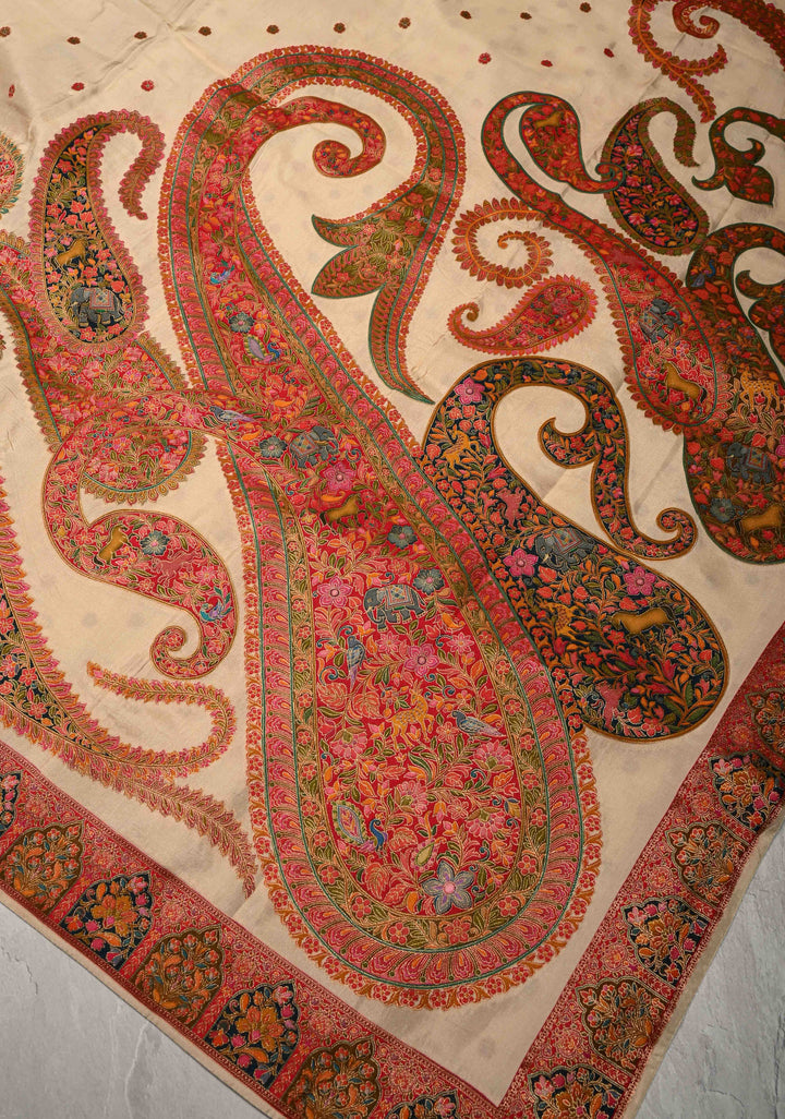 Cream Vegan Viscose Silk Saree with Meenakari Kashmiri Style Kani Design and Border