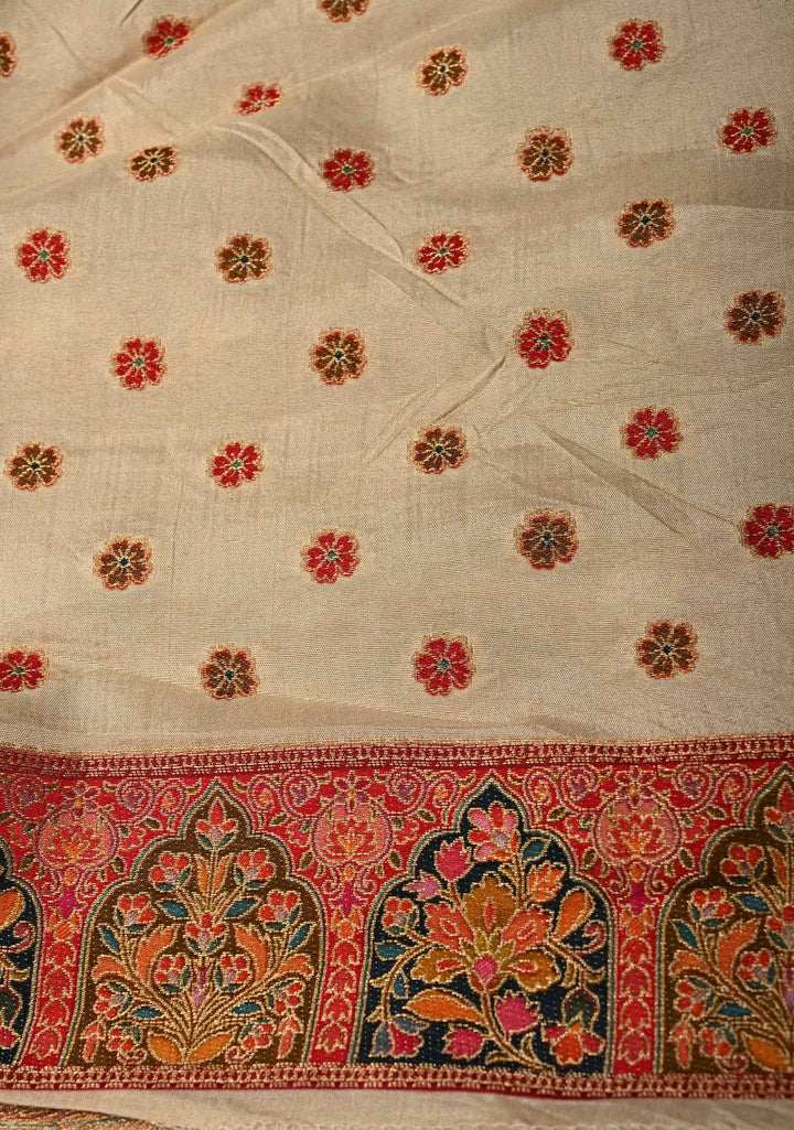 Cream Vegan Viscose Silk Saree with Meenakari Kashmiri Style Kani Design and Border