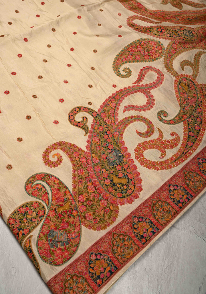 Cream Vegan Viscose Silk Saree with Meenakari Kashmiri Style Kani Design and Border