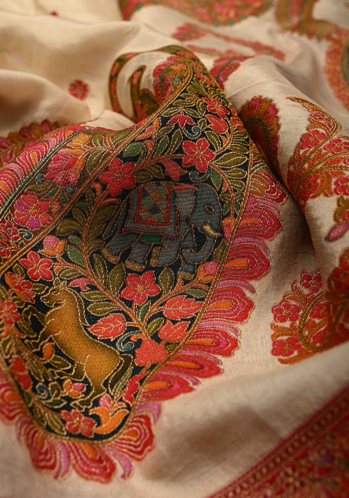 Cream Vegan Viscose Silk Saree with Meenakari Kashmiri Style Kani Design and Border