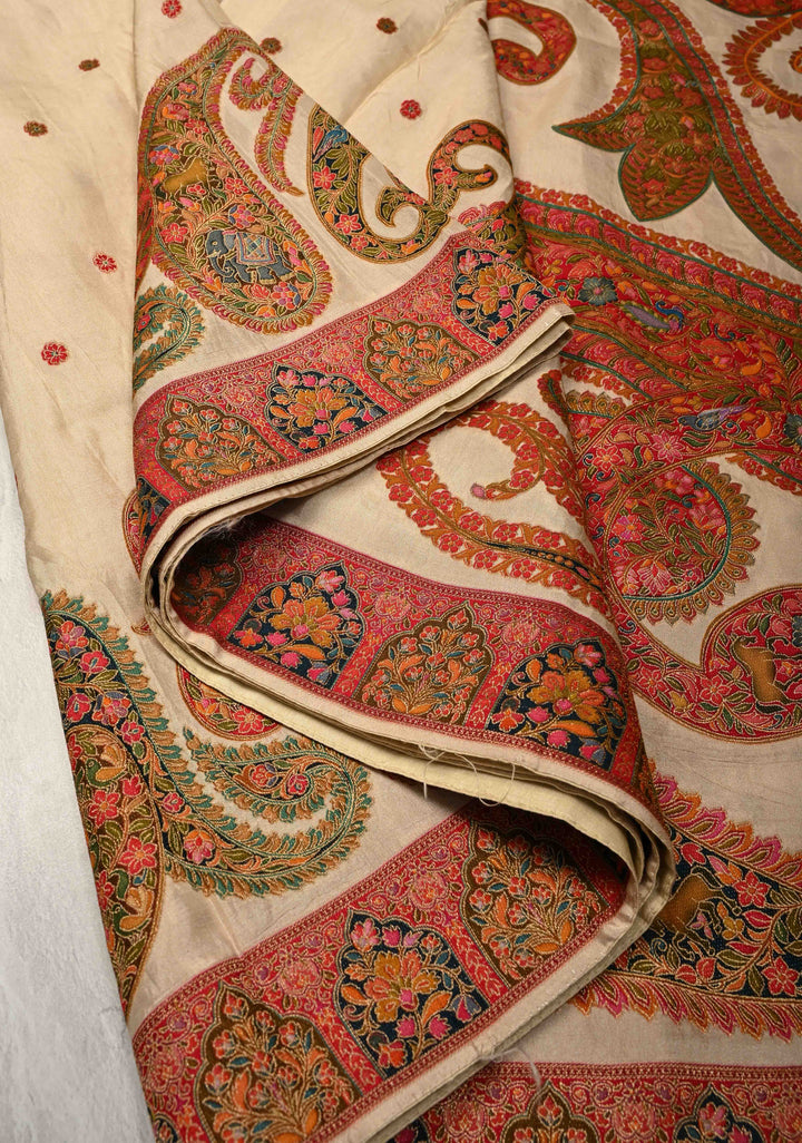 Cream Vegan Viscose Silk Saree with Meenakari Kashmiri Style Kani Design and Border