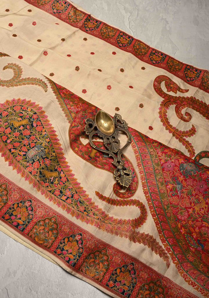 Cream Vegan Viscose Silk Saree with Meenakari Kashmiri Style Kani Design and Border