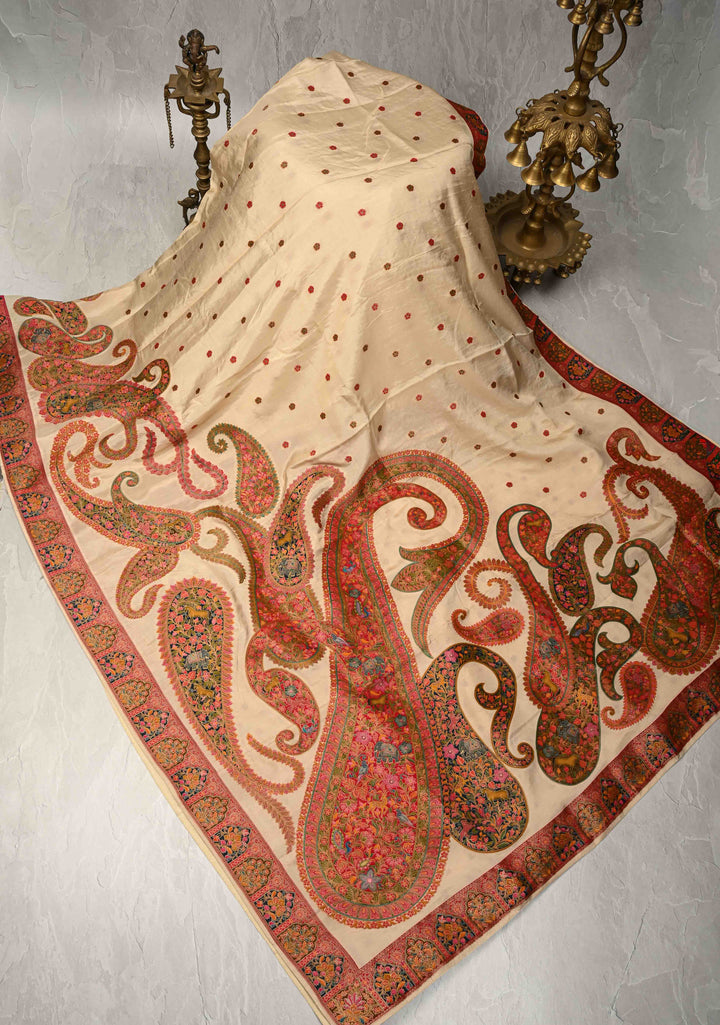 Cream Vegan Viscose Silk Saree with Meenakari Kashmiri Style Kani Design and Border