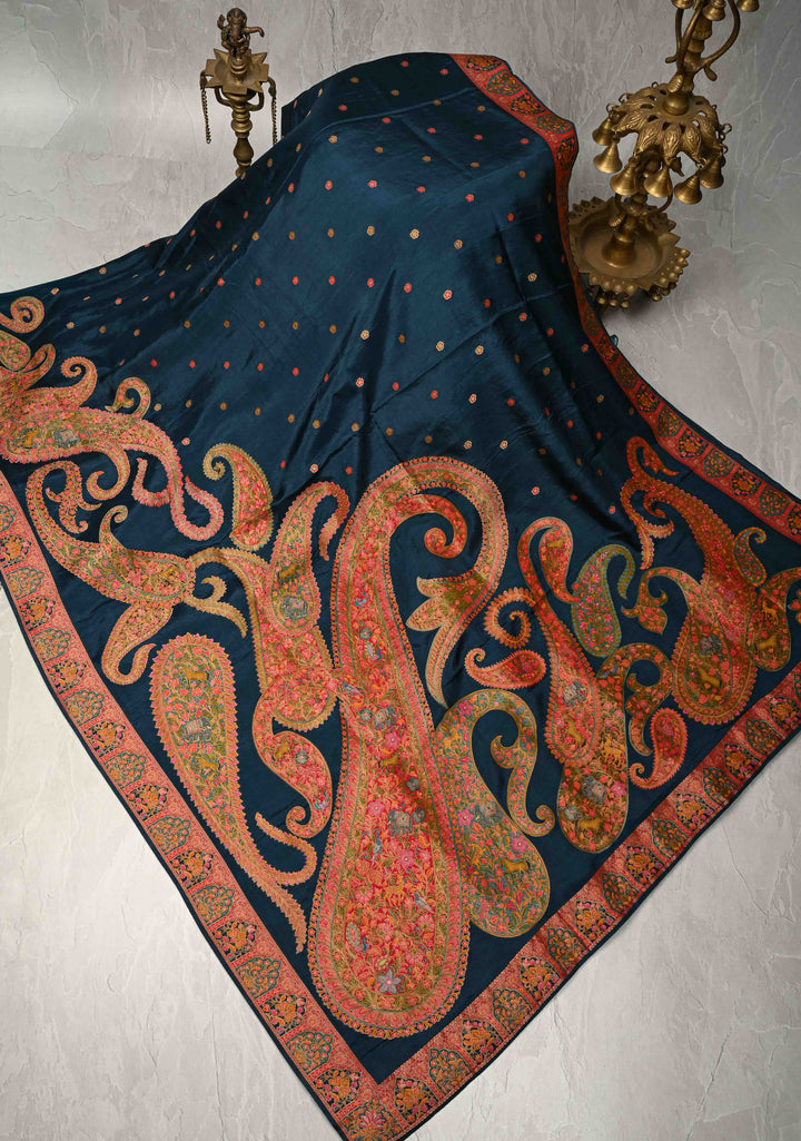 Persian Blue Vegan Viscose Silk Saree with Kashmiri Weave Kani Design and Border