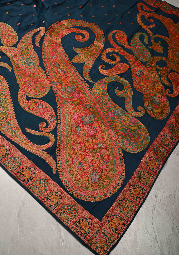 Persian Blue Vegan Viscose Silk Saree with Kashmiri Weave Kani Design and Border