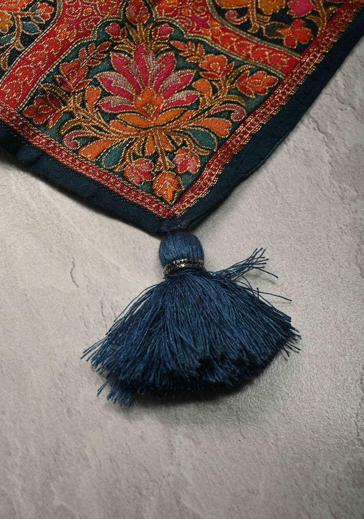 Persian Blue Vegan Viscose Silk Saree with Kashmiri Weave Kani Design and Border