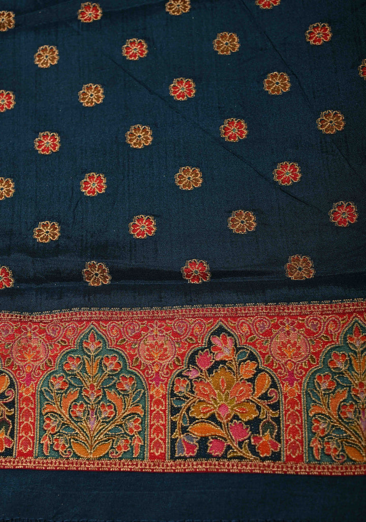 Persian Blue Vegan Viscose Silk Saree with Kashmiri Weave Kani Design and Border