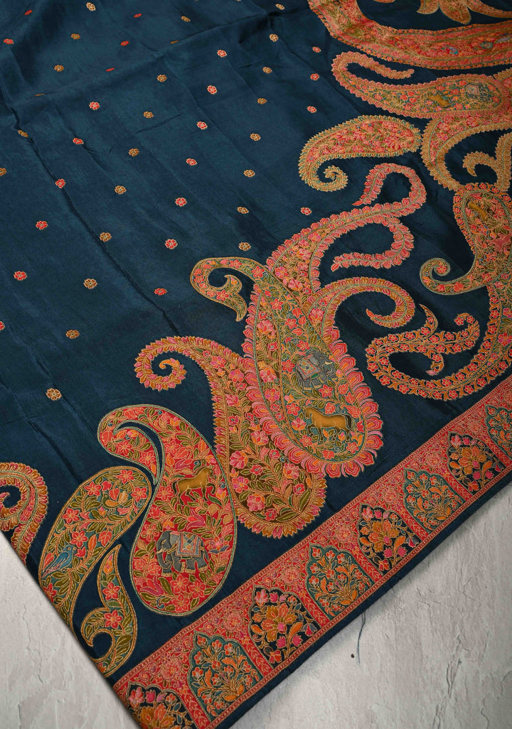 Persian Blue Vegan Viscose Silk Saree with Kashmiri Weave Kani Design and Border