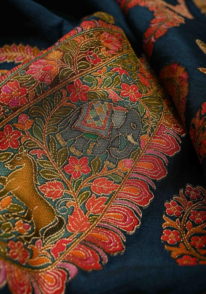 Persian Blue Vegan Viscose Silk Saree with Kashmiri Weave Kani Design and Border