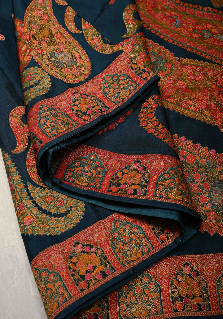 Persian Blue Vegan Viscose Silk Saree with Kashmiri Weave Kani Design and Border