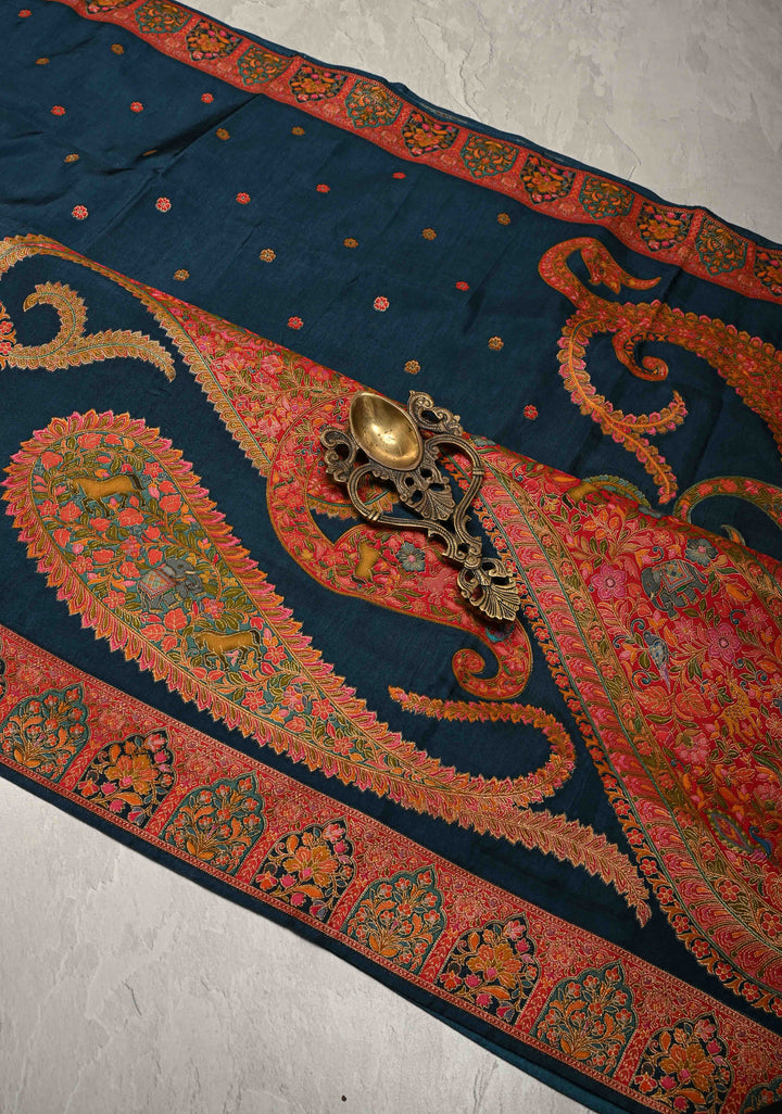 Persian Blue Vegan Viscose Silk Saree with Kashmiri Weave Kani Design and Border