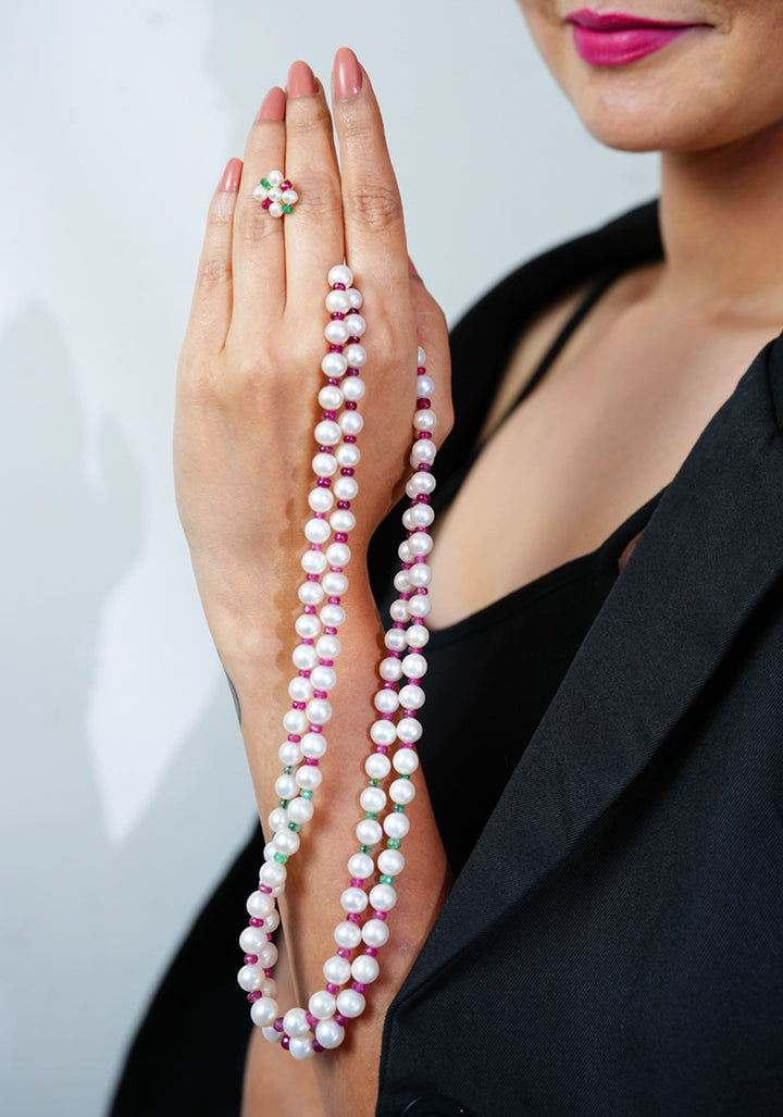 Two Strand Real Pearls Necklace and Earrings with Interlaced Dainty Real Rubies and Emeralds