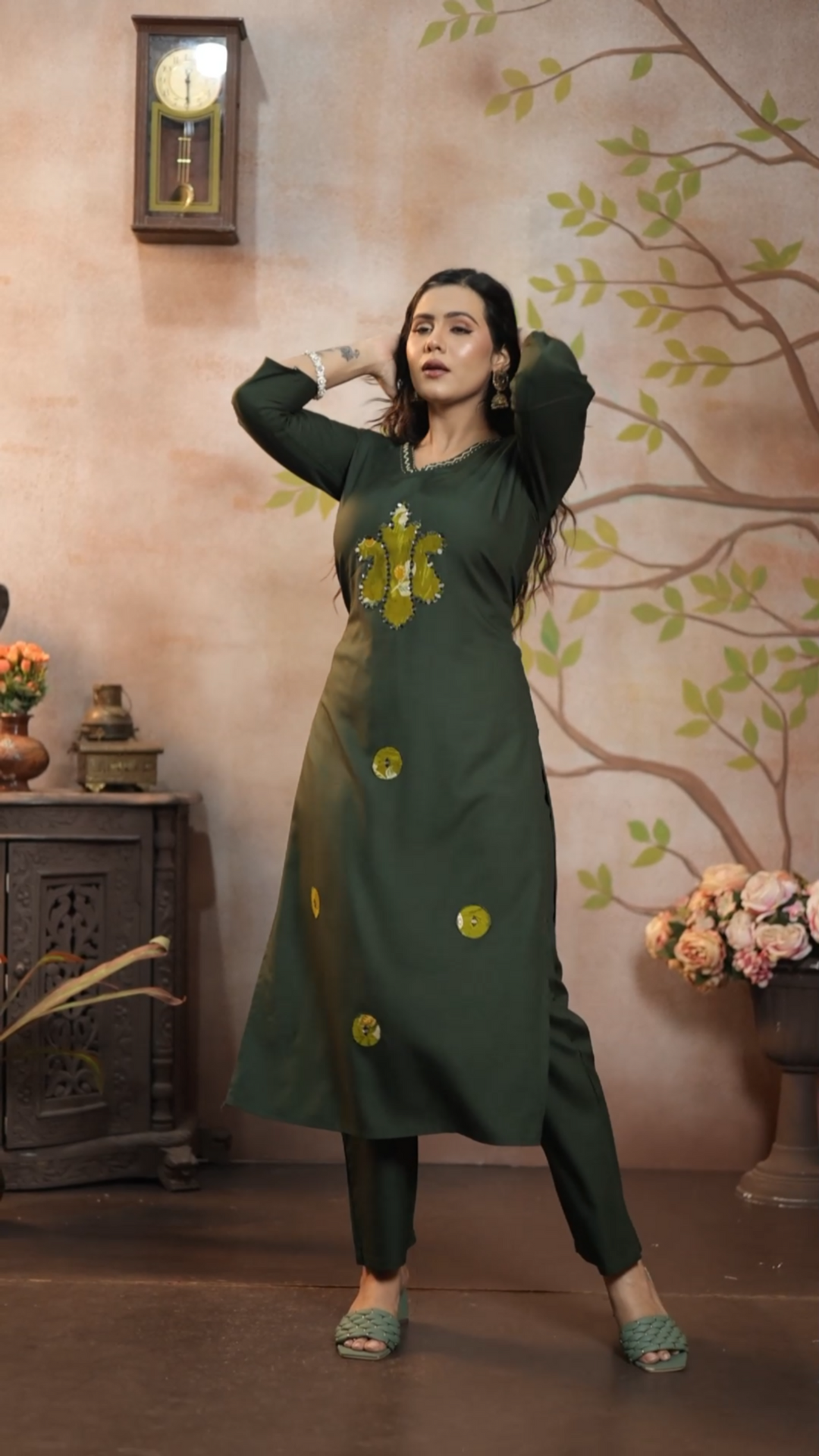 Olive Green Cotton Embroidered Kurti Set | Made to Order