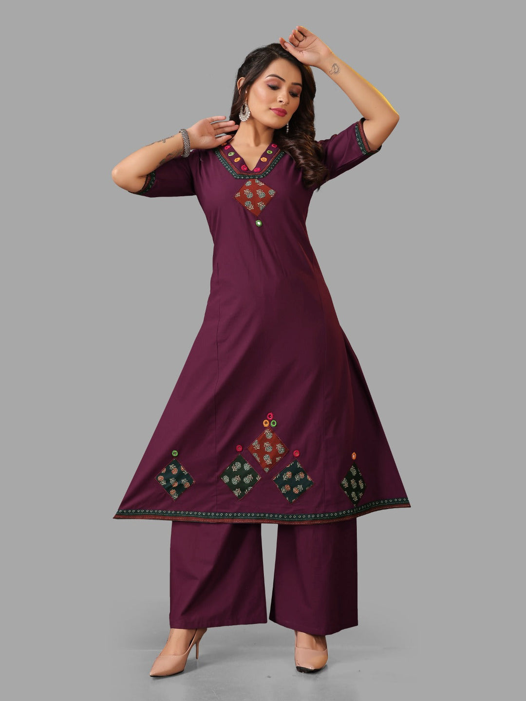 Purple Dhabu Cotton Kaly Mirror Work Kurti Set | Made to Order