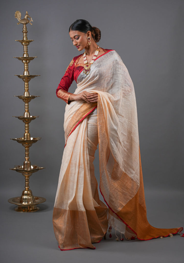 Ivory Ganga Jamuna Zari Border Pure Linen by Linen Saree