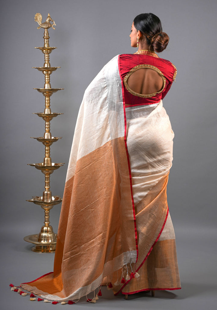 Ivory Ganga Jamuna Zari Border Pure Linen by Linen Saree