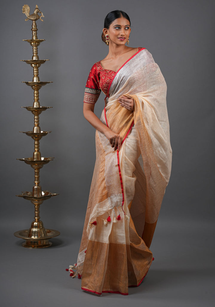 Ivory Ganga Jamuna Zari Border Pure Linen by Linen Saree