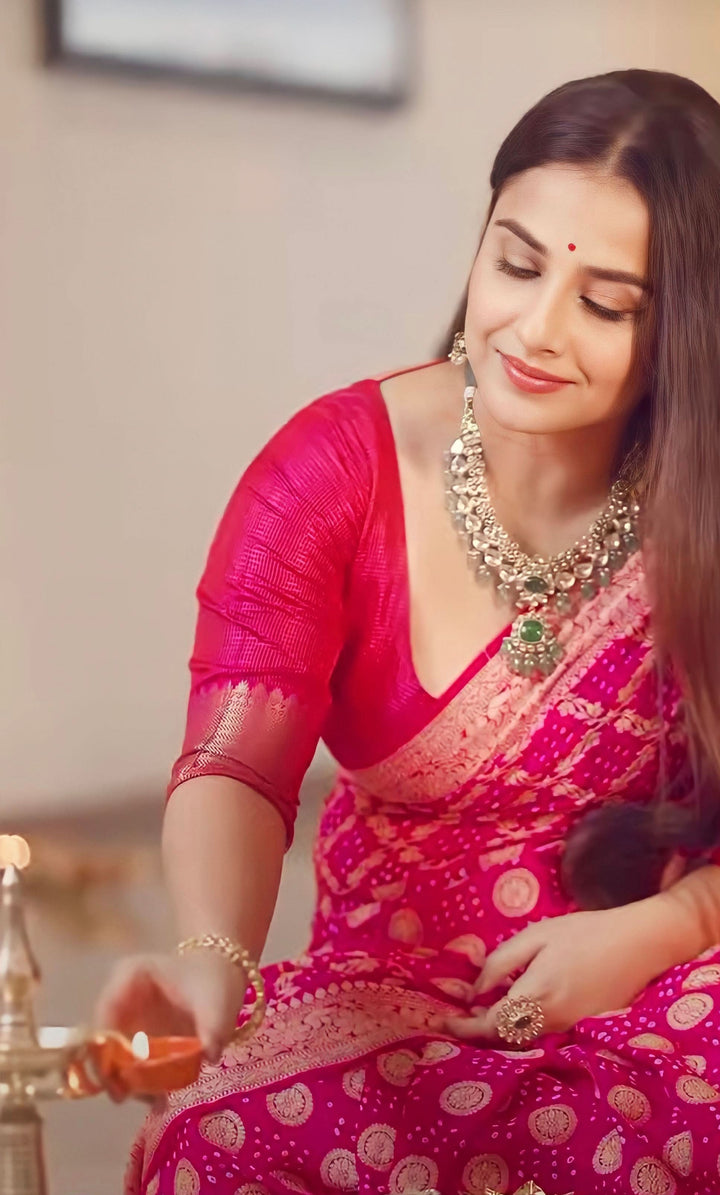 Authentic Hand Bandhej Banarasi Silk Georgette Saree in Pink | SILK MARK CERTIFIED. Vidya Balan Special Celebrity Saree