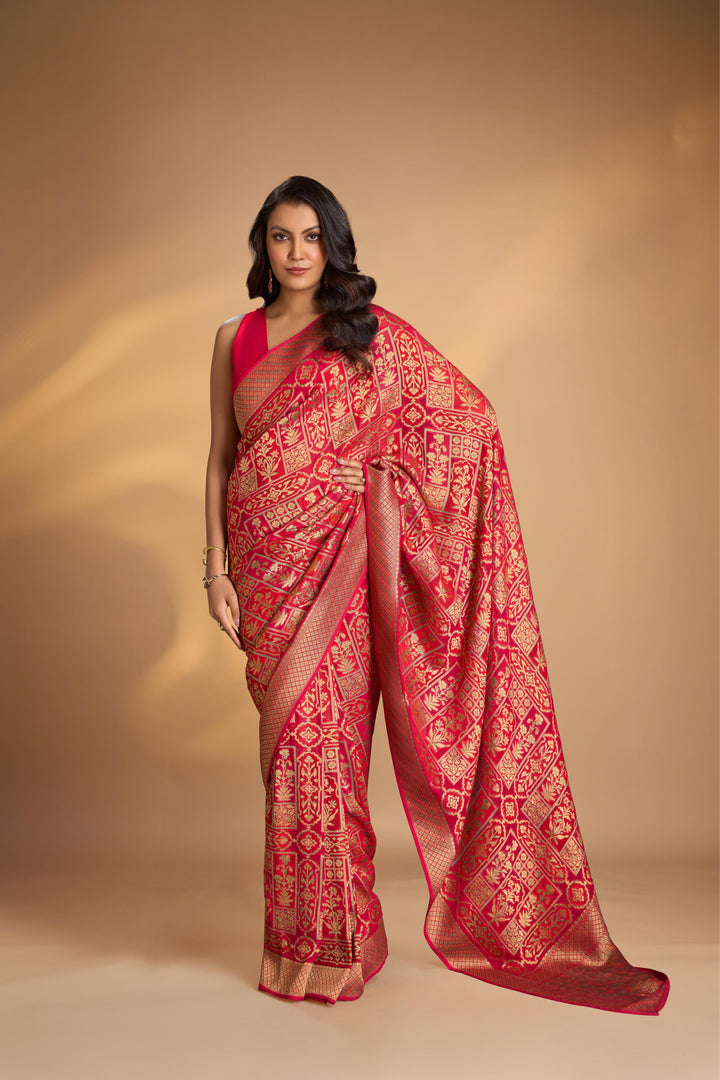 Vegan Georgette Floral Brocade Silk Saree in Vermiliion Red and  zari border No Blouse Piec