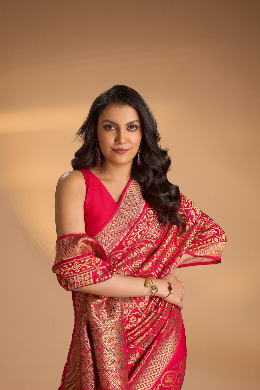 Vegan Georgette Floral Brocade Silk Saree in Vermiliion Red and  zari border No Blouse Piec