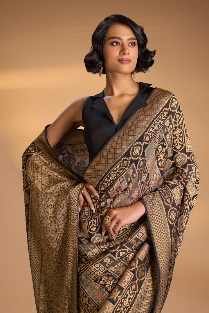 Vegan Georgette Floral Brocade Silk Saree in Black with zari border No Blouse Piece