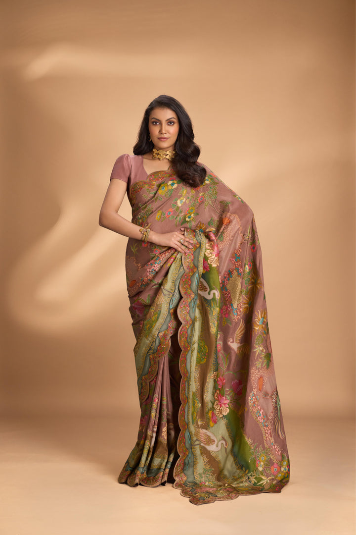 Vegan Soft Silk Saree with Floral Brocade and Crane Motifs in Dusty Rose with Scallop border  No Blouse Piece