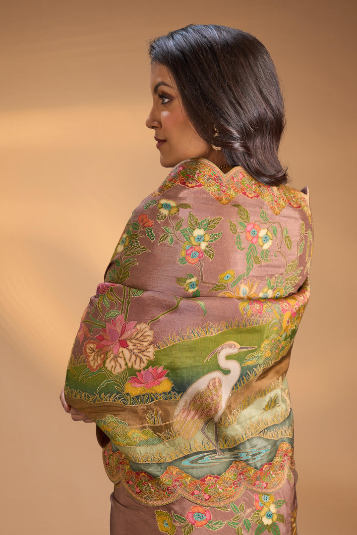 Vegan Soft Silk Saree with Floral Brocade and Crane Motifs in Dusty Rose with Scallop border  No Blouse Piece