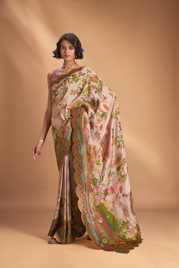Vegan Soft Silk Saree with Floral Brocade and Crane Motifs in Light Soft Pink with Scallop Border  No Blouse Piece