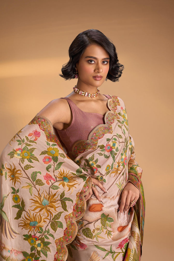 Vegan Soft Silk Saree with Floral Brocade and Crane Motifs in Light Soft Pink with Scallop Border  No Blouse Piece