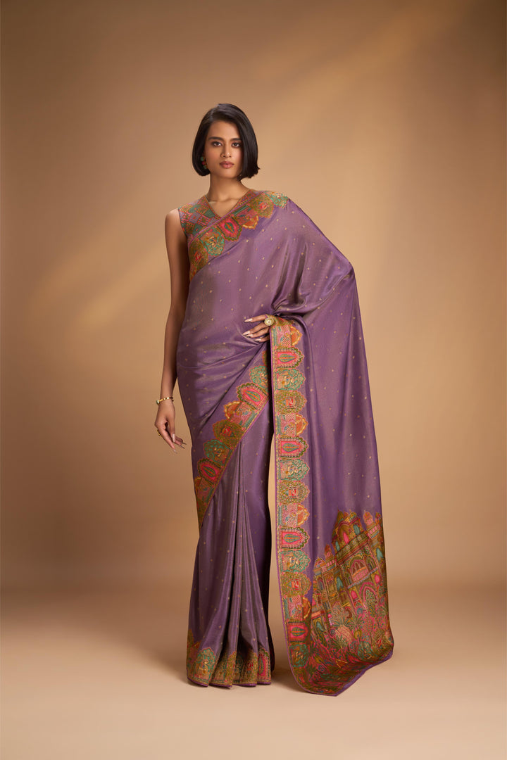 Vegan Silk Tissue Saree with Floral Embroiered Butta  in Purple  with an intricately Embriodery border  No Blouse Piece