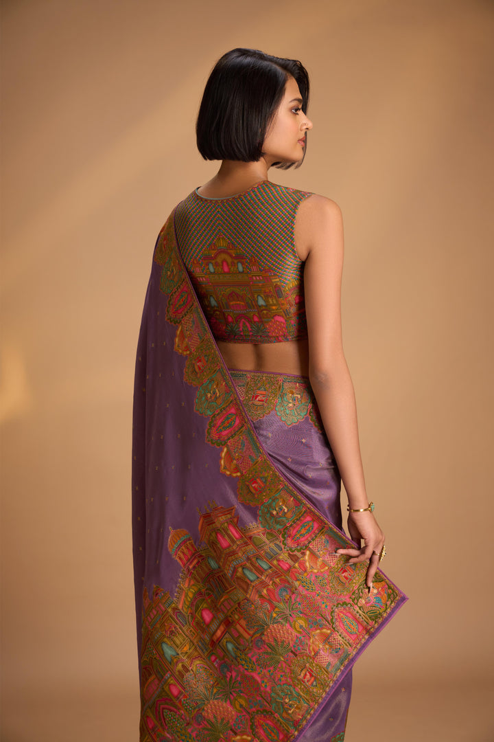 Vegan Silk Tissue Saree with Floral Embroiered Butta  in Purple  with an intricately Embriodery border  No Blouse Piece