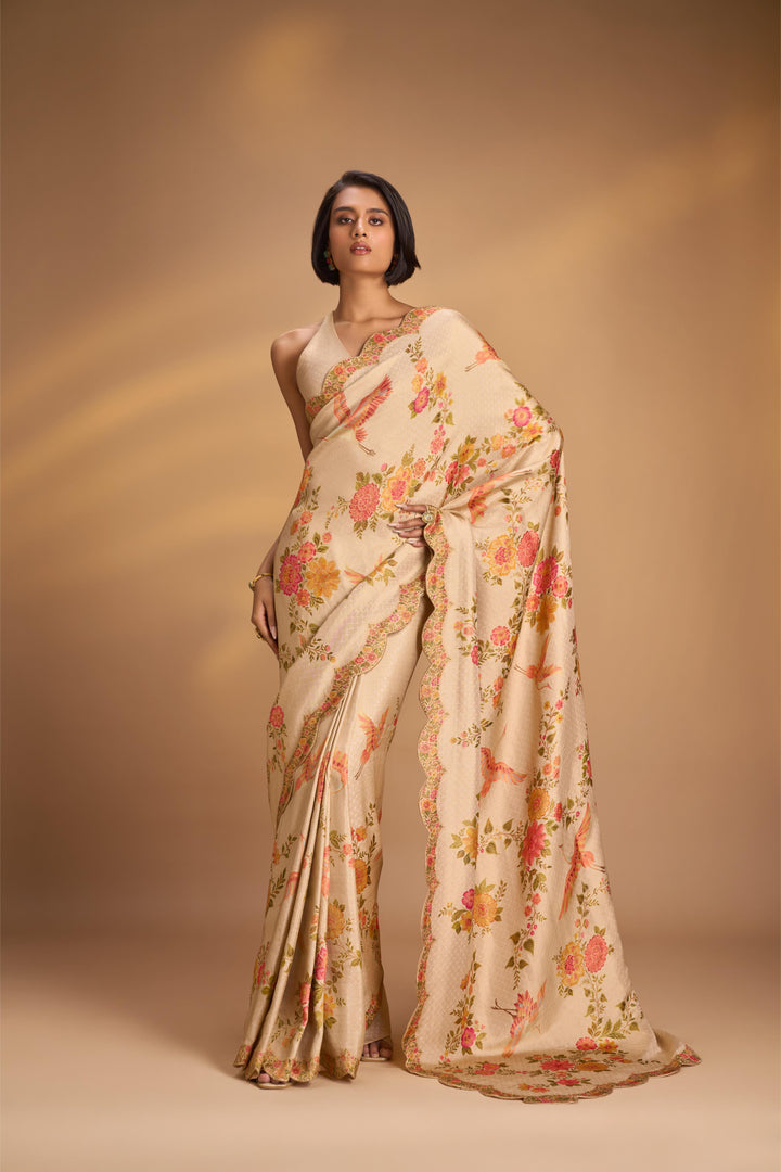 Beige Vegan Silk Saree with Floral -Birds design  and Scallop border , No Blouse Piece
