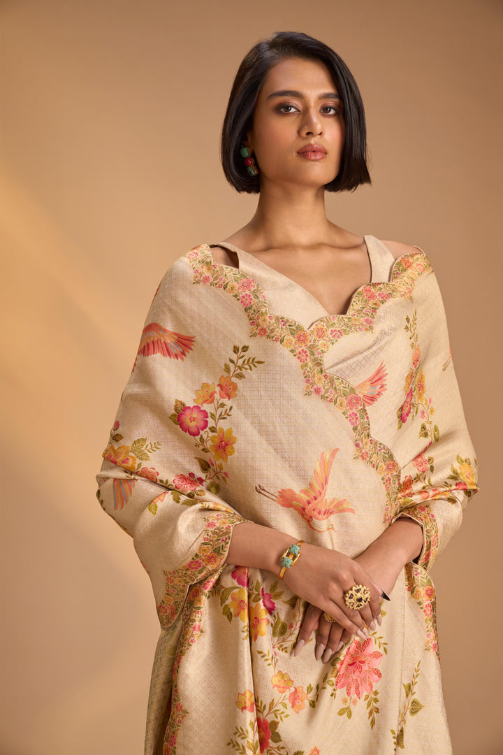 Beige Vegan Silk Saree with Floral -Birds design  and Scallop border , No Blouse Piece