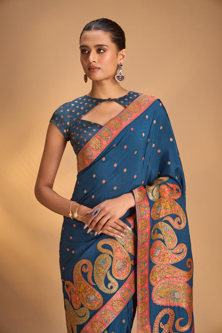 Persian Blue Vegan Viscose Silk Saree with Kashmiri Weave Kani Design and Border