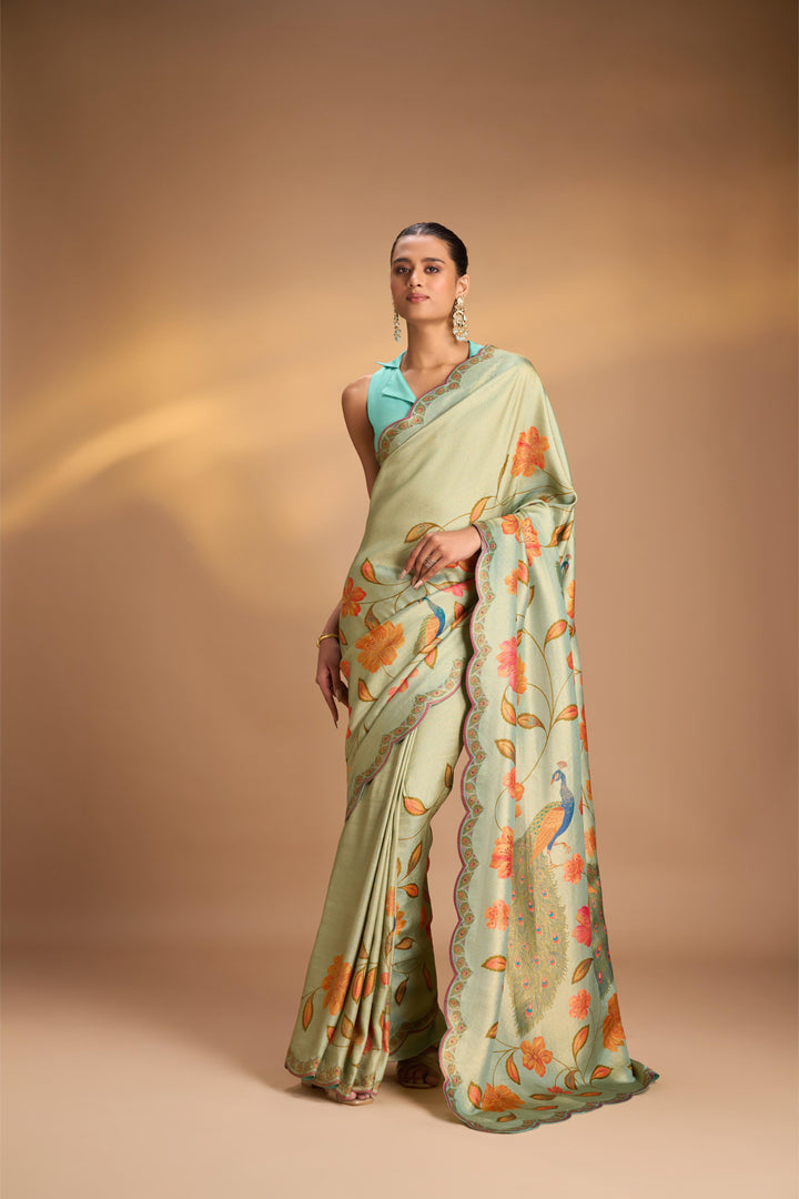 Vegan Silk Saree in Mint Green with Floral Jaal and Scallop Border, No Blouse Piece
