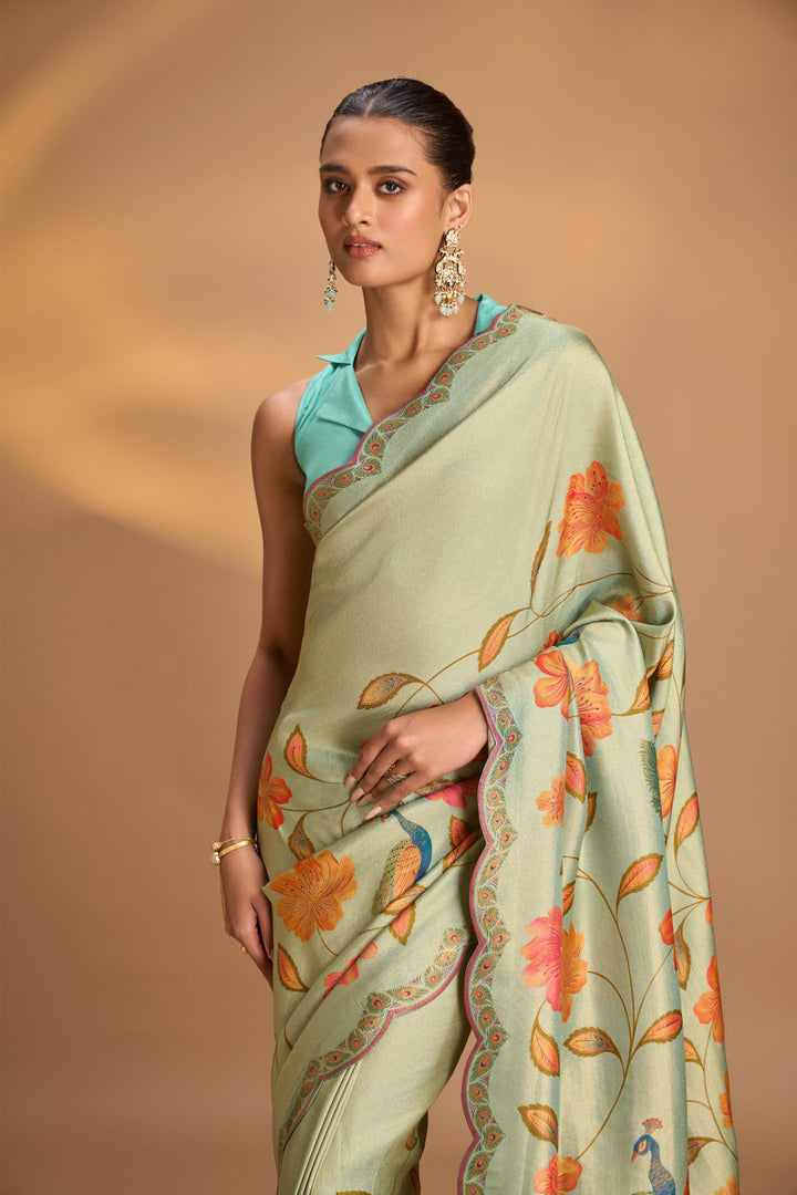 Vegan Silk Saree in Mint Green with Floral Jaal and Scallop Border, No Blouse Piece