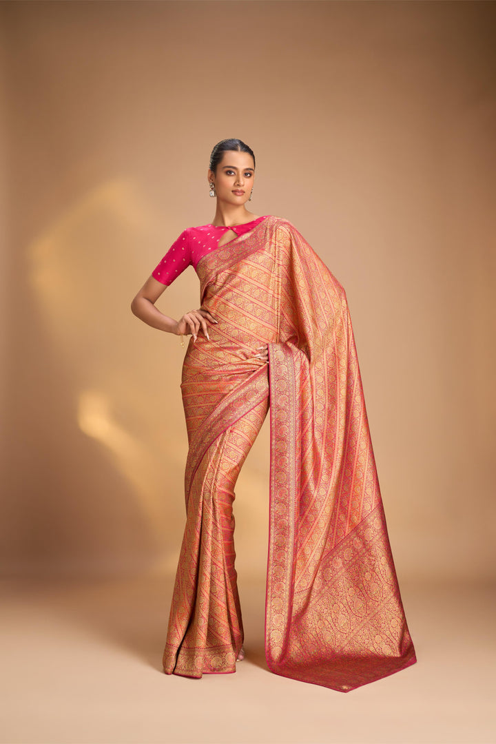 Vegan Silk Saree in Pink with Lehriya Design and Border, No Blouse Piece