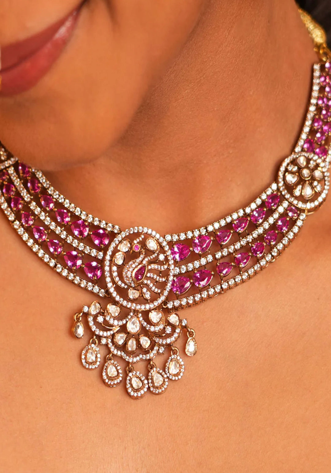 92.5 Silver Layered Pink and White Victorian necklace and earringSet