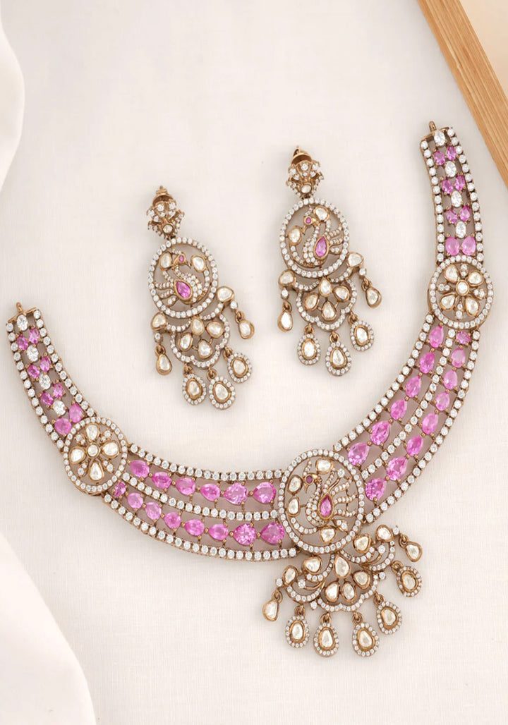 92.5 Silver Layered Pink and White Victorian necklace and earringSet