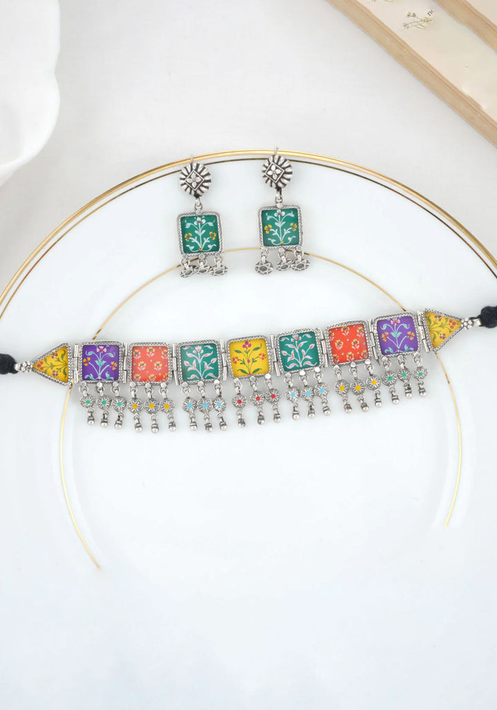 92.5 Silver Pichwai Handpainted multicolor Choker and earrings set