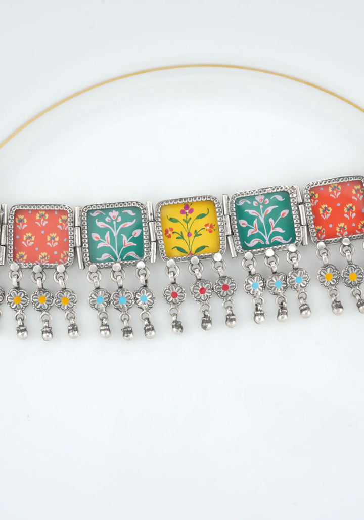 92.5 Silver Pichwai Handpainted multicolor Choker and earrings set