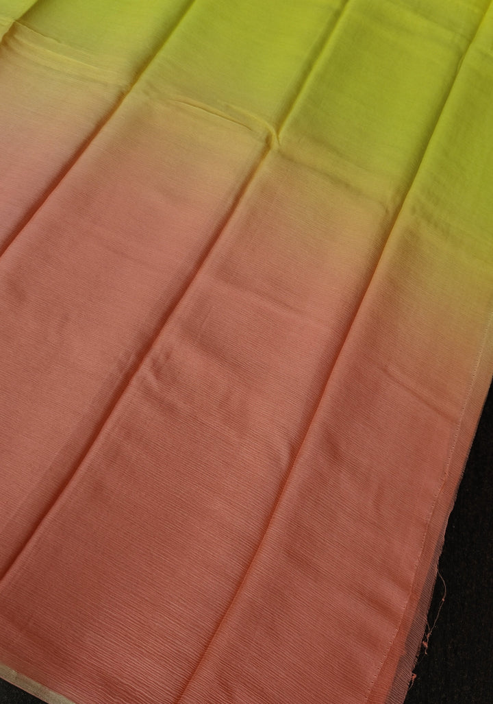 Bollywood style ombre pure chiffon Saree in Coral Pink and Yellow, No Blouse Piece