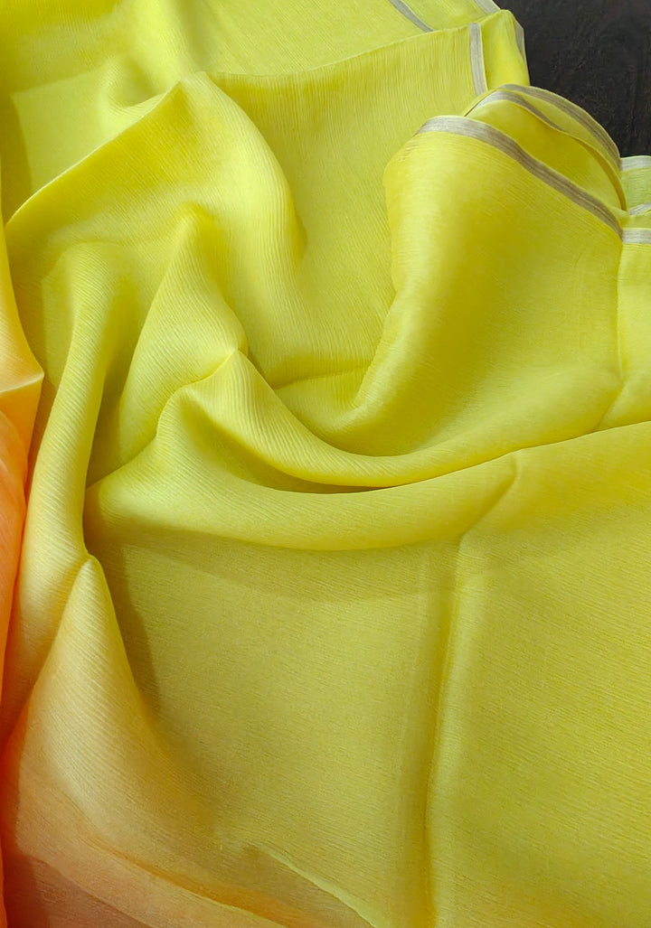 Bollywood style ombre pure chiffon Saree in Coral Pink and Yellow, No Blouse Piece