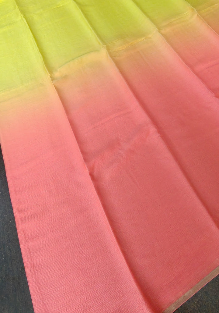 Bollywood style ombre pure chiffon Saree in Coral Pink and Yellow, No Blouse Piece