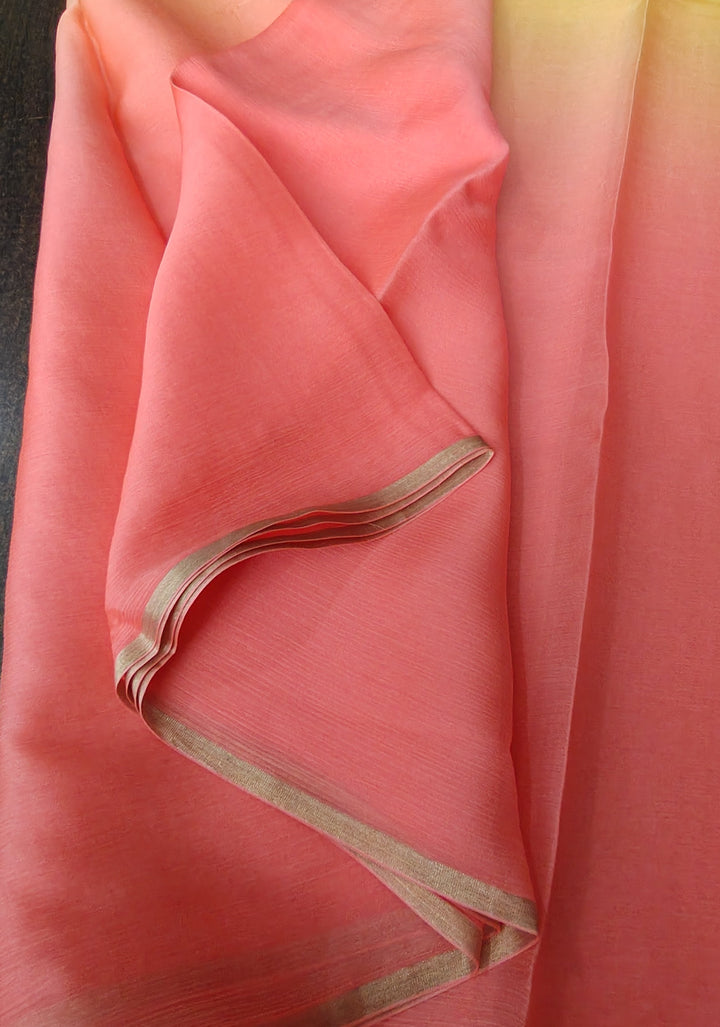 Bollywood style ombre pure chiffon Saree in Coral Pink and Yellow, No Blouse Piece