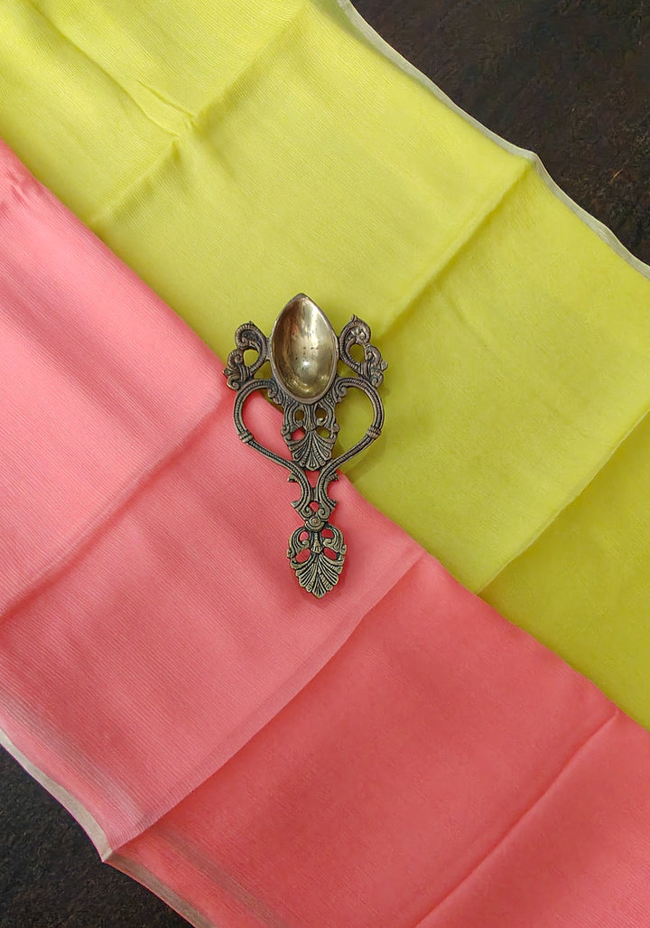Bollywood style ombre pure chiffon Saree in Coral Pink and Yellow, No Blouse Piece