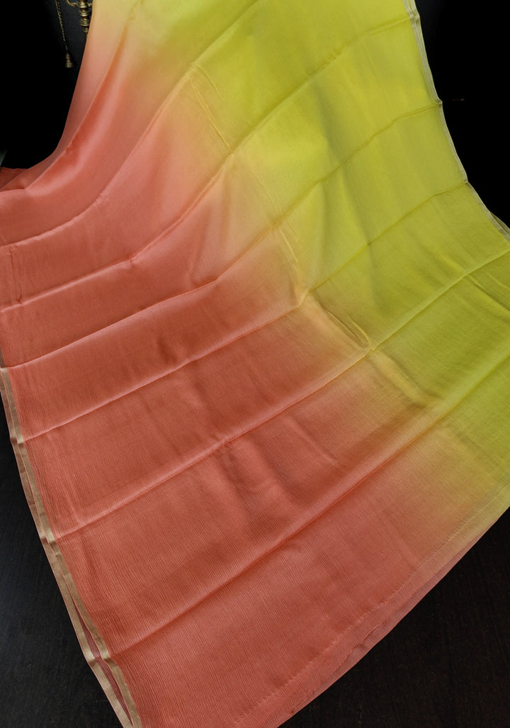 Bollywood style ombre pure chiffon Saree in Coral Pink and Yellow, No Blouse Piece