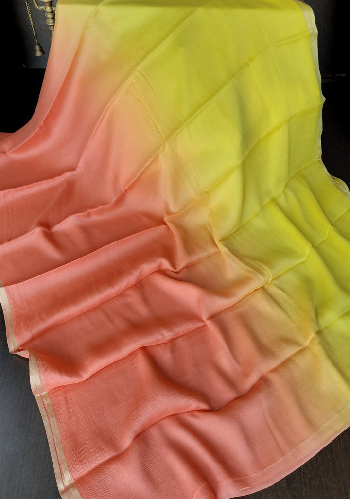 Bollywood style ombre pure chiffon Saree in Coral Pink and Yellow, No Blouse Piece