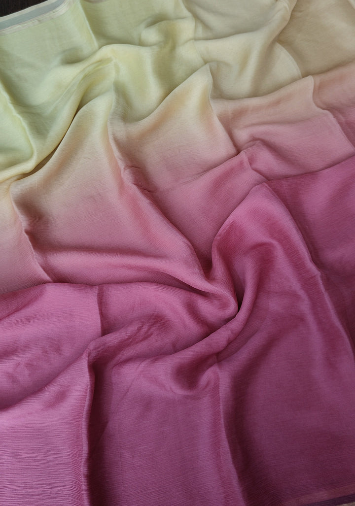 Bollywood style ombre pure chiffon Saree in Butter Yellow and Strawberry Pink, No Blouse Piece