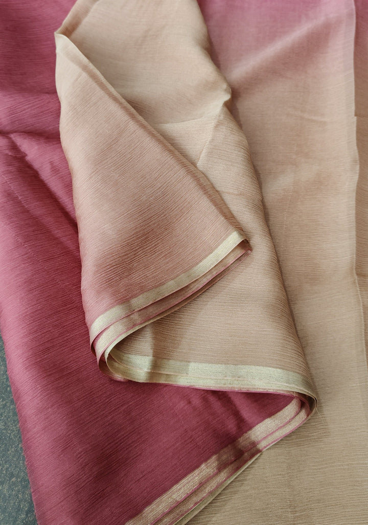 Bollywood style ombre pure chiffon Saree in Pink andSand, No Blouse Piece